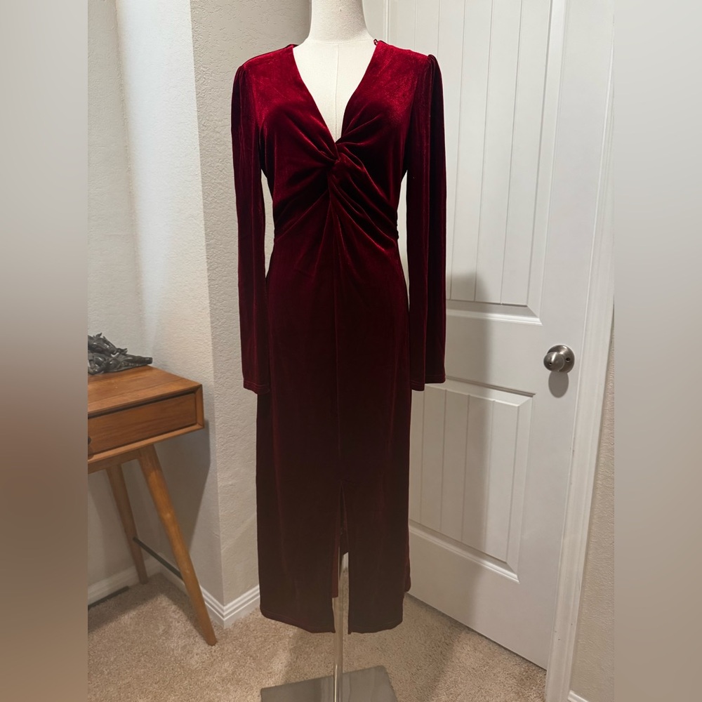 NWOT Petal & Pup Deep Wine Velvet Twist-Front Midi Dress